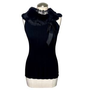 Y2K XOXO Genuine Rabbit Fur Collar Gothic Ribbed Tank Top Dark Coquette Sz S